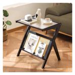 Modern Bambu Z Şekilli Sehpa, Dergi Raflı ve Cam Üstlü Oturma Odası ve Yatak Odası için Küçük Uzay Vurgulu Komidin ve Kanepe Yan Sehpası (Siyah 55x37x56cm)