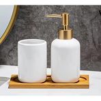 Modern Banyo Seti, 3 Parça, Seramik Sıvı Sabunluk Altın Pompalı, Bardak ve Bambu Tepsi, Beyaz