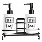 Modern beyaz cam sıvı sabunluk seti 2 li metal standlı el sabunu ve bulaşık deterjanı için ideal çift dispenser şık görünüm kolay kullanım ve dekoratif tasarım