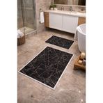 Modern Çizgili Çerçeve Banyo Paspası Kaydırmaz Tabanlı Yumuşak 2’li Set Siyah