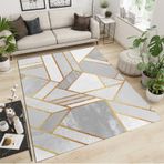 Modern Geometrik Alan Halısı 160 x 200 cm - Yumuşak Yıkanabilir Düşük Tüylü Gri ve Altın Çizgi Tasarımı, Yatak Odası, Oturma Odası, Koridor ve Balkon Dekoru için Mükemmel.