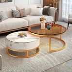 Modern iç içe geçme sehpa, 2'li yuvarlak yan sehpa, çekmeceli, istifleme sehpası, temperli camlı oturma odası ve yatak odası için 70 x 45 cm + 50 x 40 cm