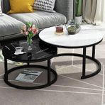 Modern iç içe geçme sehpa seti - yuvarlak temperli cam üst metal çerçeve kolay montaj - oturma odası, yatak odası, ofis, balkon için şık yan masalar - siyah ve beyaz