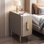 Modern İnce Komidin Küçük Alanlar için Minimalist Komodin PU Deri Kaplama ve Metal Ayaklı Çift Çekmeceli Saklama Dolabı Yatak Odası ve Oturma Odası için Şık Dar Yan Sehpa