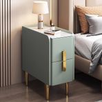 Modern İnce Komidin Küçük Alanlar için Minimalist Komodin PU Deri ve Metal Ayaklı Çift Çekmeceli Saklama Dolabı Yatak Odası ve Oturma Odası için Şık Dar Yan Sehpa