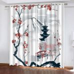 Modern Japon Tarzı Kiraz Çiçeği Karartma Perdeleri Çocuk Yatak Odası ve Oturma Odası için 3D Tasarım Isı Yalıtımlı Soğuk Karşıtı Gürültü Önleyici Geniş Genişlik Polyester Perdeler (2 Adet 70 x 160 cm)