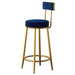 Modern kadife arka bar taburesi, şık, mavi yemek sandalyesi, mutfak, ada ve güzellik salonu için, altın metal çerçeve, kaymaz ayak dayamalı, 65 cm yükseklik