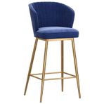 Modern kadife bar taburesi, sırtlı, mavi döşemeli, metal ayak dayama yeri, şık mutfak yemek sandalyesi, 65 cm yükseklik, ev ve resepsiyon alanları için mükemmel