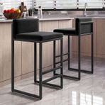Modern Kadife Kahvaltı Bar Tabureleri 2'li Set Sırtlıklı Metal Çerçeve Kare Tezgah Sandalyeleri Mutfak Adası/Pub Siyah Yastık 65 cm
