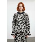 Modern Kadın Oversize Triko Leopar Desenli Bisiklet Yaka Kazak Günlük Tarz Soğuk Havalar İçin -Antrasit-M