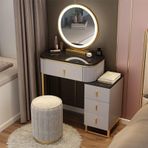 Modern Makyaj Makyaj Masası LED Ayna ve Işıklar 4 Çekmeceli Saklama Makyaj Masası Seti Kadın ve Kız Çocuk Yatak Odası için Yastıklı Tabure ile Şık Makyaj Masası (70 cm C)