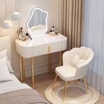 Modern Makyaj Masası Aynalı ve 3 Renk Işıklı, Çekmeceli ve Demir Ayaklı Ahşap Makyaj Masası Yatak Odası için Küçük Makyaj Masası Şık Altın Kaplama (60x40 cm)