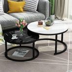 Modern Metal Çerçeve Orta Sehpa Seti, Mermer Efektli Cam Üst Yuvarlak Yuvalama Masaları Ev, Ofis veya Oturma Odası için (Siyah Çerçeve 70 cm ve 50 cm)