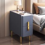Modern Minimalist İnce Komodin, Çift Çekmeceli Saklama Dolabı, Yatak Odaları ve Oturma Odası için Küçük Alanlar için Dar Yan Sehpa, PU Deri Kaplama ve Metal Ayaklar