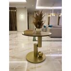 Modern Minimalist Yuvarlak Sehpa, Doğal Ahşap Tabla ve Metal Taban, Altın Rengi, Oturma Odası ve Koridor için