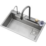 Modern Mutfak Lavabosu, Çekme Musluğu ve Doğrama Tahtası, Uçan Yağmur Şelalesi Tasarımlı Tek İş İstasyonu Lavabo Ev Bulaşık Yıkama Bardak Yıkama Makinesi Dahil (B 75 x 45 x 22 cm)