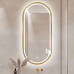 Modern Oval LED Banyo Aynası, Akıllı Dokunmatik Sensör, Hafıza Fonksiyonu, Kısılabilir Işıklar, Metal Çerçeve, Altın, 40x80cm, HD Patlamaya Dayanıklı, IP44