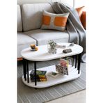 Modern Oval Orta Sehpa Çift Katlı Metal Ayaklı Salon, Ofis, Dekoratif Sehpa, Kahve Sehpası - Beyaz