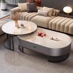 Modern Oval Taş İç içe Geçme Sehpa Seti 2 Şık Yuvarlak Çelik Çerçeve Oturma Odası ve Yatak Odası için 70x45 cm & 100x50x38cm - Çağdaş Tasarım Yer Tasarruflu Mobilya