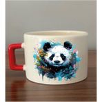 Modern Panda Baskılı Fincan Kupa Bardak Hediyelik Eşya - Seramik Çay, Kahve Hediye Bardağı - Krem