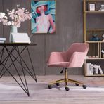 Modern Pembe Kadife Ofis Masası Sandalyesi Ayarlanabilir Yükseklik 360° Döner Altın Metal Ayaklar ve Evrensel Tekerlekler Şık ve Rahat Ev Ofis Koltuğu