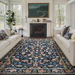 Modern Retro Çiçekli Halı 120 x 170 cm Yumuşak Yıkanabilir Kaymaz Halı Oturma Odası ve Yatak Odası için Şık Kısa Tüylü Tasarım Mavi Sarı ve Pembe İç Mekan Kullanımı için