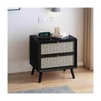 Modern Siyah Komodin 2 Çekmeceli Rattan Vurgulu Komidin Masif Ahşap Ayaklar ve Çerçeve Dayanıklı Saklama Dolabı Büyük Kapasiteli (48 x 40 cm)