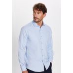 Modern Slim Fit Uzun Kollu Pamuklu Kolay Ütü Armürlü Mavi Erkek Gömlek