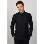 Modern Slim Fit Uzun Kollu Pamuklu Kolay Ütü Armürlü Siyah Erkek Gömlek