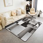 Modern Soyut Geometrik Oturma Odası Halı - 150 x 200 cm - Gri Siyah Manda Kareli Vurgulu Halı - Çizgili Çizgili Tasarımlı Kaymaz İç Mekan Paspasları