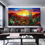 Modern tablo Arizona Çölü Goblen Tarzı Kanvas | Saguaro Manzarası | Asmaya Hazır