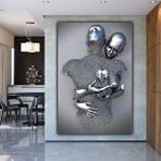 Modern tablo Gri Aşk Kalbi Kanvas Baskı; Sarılan Çiftler 3d Gümüş Efekt; Soyut Metal Figür Heykeli; Metalik 3d Du