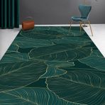 Modern Tasarım Kısa Tüylü Halı 60 x 120 cm - Altın Çizgili Koyu Yeşil Yapraklar - Balkon Veranda Kış Bahçesi Mutfak Yemek Odası için İdeal