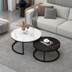 Modern Tasarım Yuvarlak Yuvalama Sehpa Seti 2 Masalı Çekmeceli Yatak Odası ve Oturma Odası Dekorasyonu için Kayrak Üst Metal Çerçeve Beyaz ve Siyah 70x45/50x30