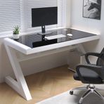 Modern Temperli Cam Bilgisayar Masası - Z Şekilli Metal Çerçeve Çalışma ve Oyun Masası, 47 İnç Ev Ofis İş İstasyonu, Öğrenciler için Şık Yazı Masası, Siyah Beyaz