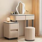 Modern Vanity Masa Seti Yan Dolapları Yuvarlak Tabure Ayna Mikrofiber Deri Kaplama Kayrak Masa Karbon Çelik Bacaklar Haki 70cm/27.5in