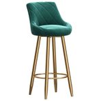 Modern Yeşil Kadife Bar Taburesi, Arkalıklı Altın Çerçeve ve Yuvarlak Ayak Dayama Yeri Güzellik Salonları Mutfak ve Resepsiyon Alanları için Mükemmel - 75 cm Yükseklik