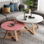 Modern yuvarlak iç içe geçme sehpa seti, 2'li küçük sehpa seti, oturma odası için, yatak odası ve balkon için istifleme yan masaları, sağlam, kolay montaj (beyaz+pembe 70 cm)