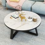 Modern Yuvarlak Mermer Sehpa, Oturma Odası için 28 "Mermer Üst Orta Masa, Ayarlanabilir Ayak Pedleri, Siyah Metal Çerçeve, Şık Kanepe Sehpası, Modern Tasarım