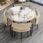 Modern Yuvarlak Yemek Masası Seti 4 Kişilik 5 Sandalyeli Şık Mutfak ve Oturma Odası Mobilyaları Ahşap Renk Minimalist Tasarım Ofis ve Resepsiyon için (Bej)