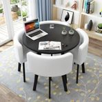 Modern yuvarlak yemek masası seti, 4 sandalyeli, şık mobilyalar, mutfak, oturma odası, küçük ofis veya konferans odası için ideal, ev veya iş yeri için şık yemek takımı, PU beyaz