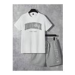 Modernica Brooklyn New York T-shirt Ve Şort - Beyaz Gri Şort Tişört Eşofman Takımı Oversize Bisiklet Yaka