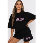 Modernica New York Brooklyn T-shirt Ve Şort - Siyah Şort Tişört Alt Üst Eşofman Takımı Oversize Bisiklet Yaka