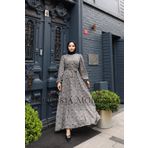 modessia KADIN Gri Saten Leopar Belden Kuşaklı Uzun Tesettür Elbise S9566