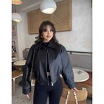 Modestia Kadın Siyah Fermuarlı Crop Deri Bomber Mont