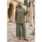 Modestim Kadın Haki Ikili Tesettür Takım Oversize Gömlek Pantolon Rahat Kalıp Yazlık Şık Günlük Tesettür Kombin - L - XL