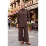 Modestim Kadın Kahve Ikili Tesettür Takım Oversize Gömlek Pantolon Rahat Kalıp Yazlık Şık Günlük Tesettür Kombin - L - XL