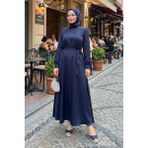 Modestim Kadın Lacivert Saten Tesettür Abiye Elbise Uzun Kollu Kuşaklı Düğün Nişan Özel Gün Tesettür Elbise - S - M