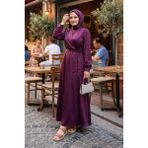 Modestim Kadın Mürdüm Saten Tesettür Abiye Elbise Uzun Kollu Kuşaklı Düğün Nişan Özel Gün Tesettür Elbise - L - XL