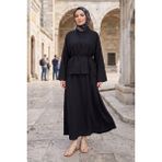 Modestim Kadın Siyah Ceket Kimono Bağlamalı Jile Elbise Ceket Ikili Tesettür Takım Çilek Elbise Takım Kombin - S - M